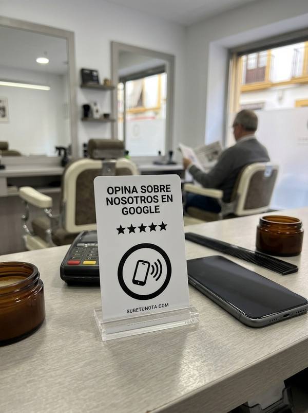 Tarjeta Sube tu nota en una base transparente, en el mostrador de una barbería