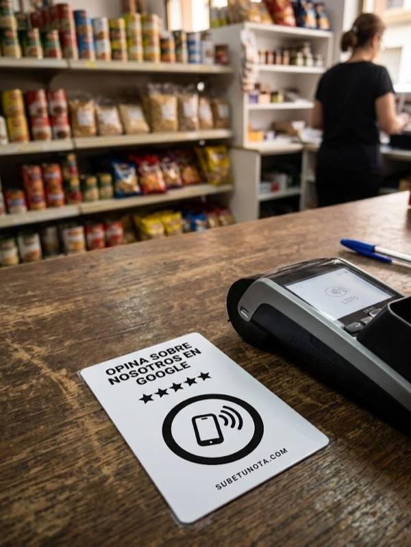 Tarjeta adhesiva Sube tu nota pegada en el mostrador de una tienda, junto al datáfono